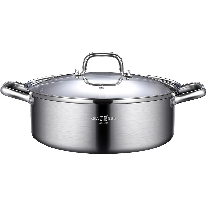 Ultra Thick Pure 304 Stainless Steel Kitchen Stewpot with Tempered Glass Cover Rivet Fixation Handle Saucepot for Family Hotpot