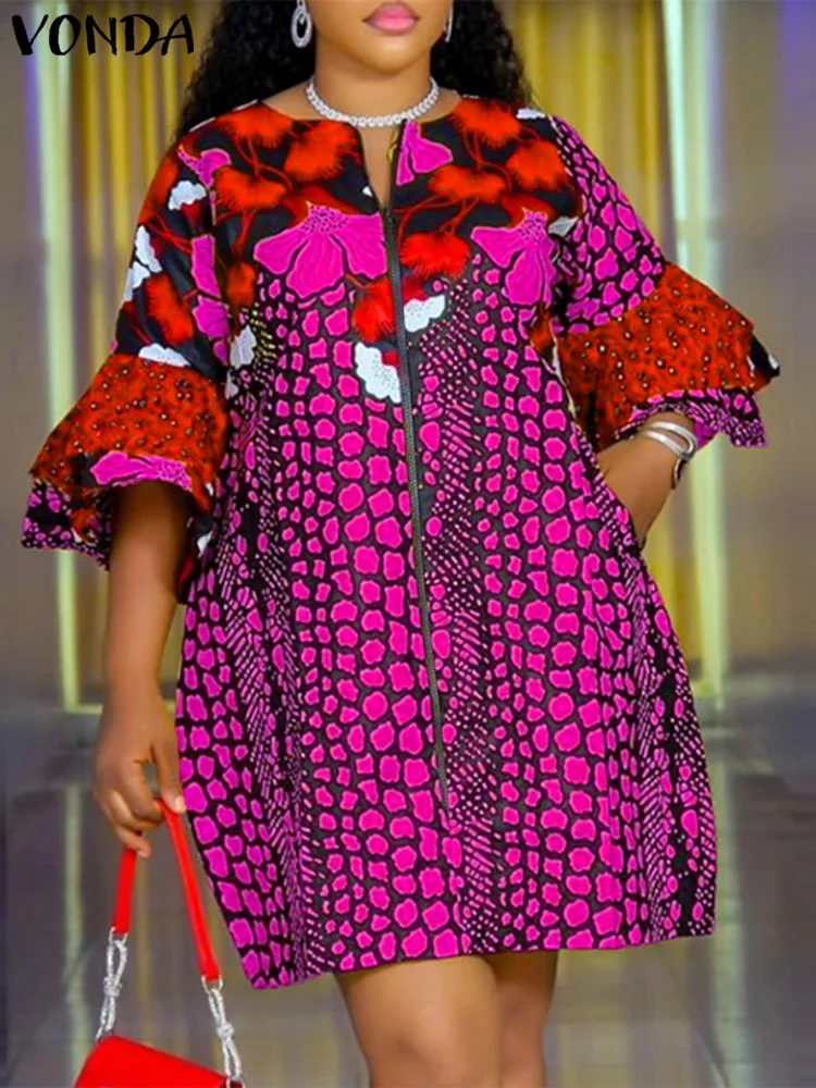 Plus Size 5XL VONDA Abito bohemien da donna 2025 Abito corto stampato vintage Manica svasata Vestito estivo da festa Casual Vestido Robe Femme
