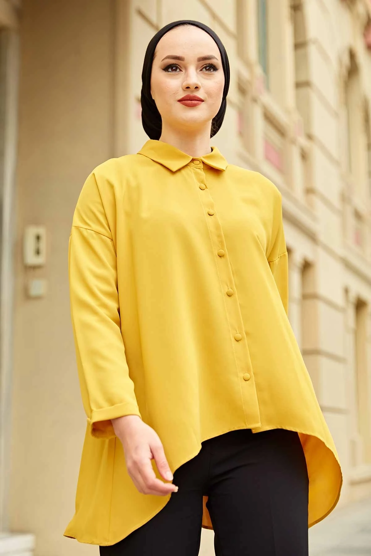 Asymmetric Cut Short Shirt E Mustard Winter Autumn 2021 Muslim Women Hijab headscarf Islamic Turkey