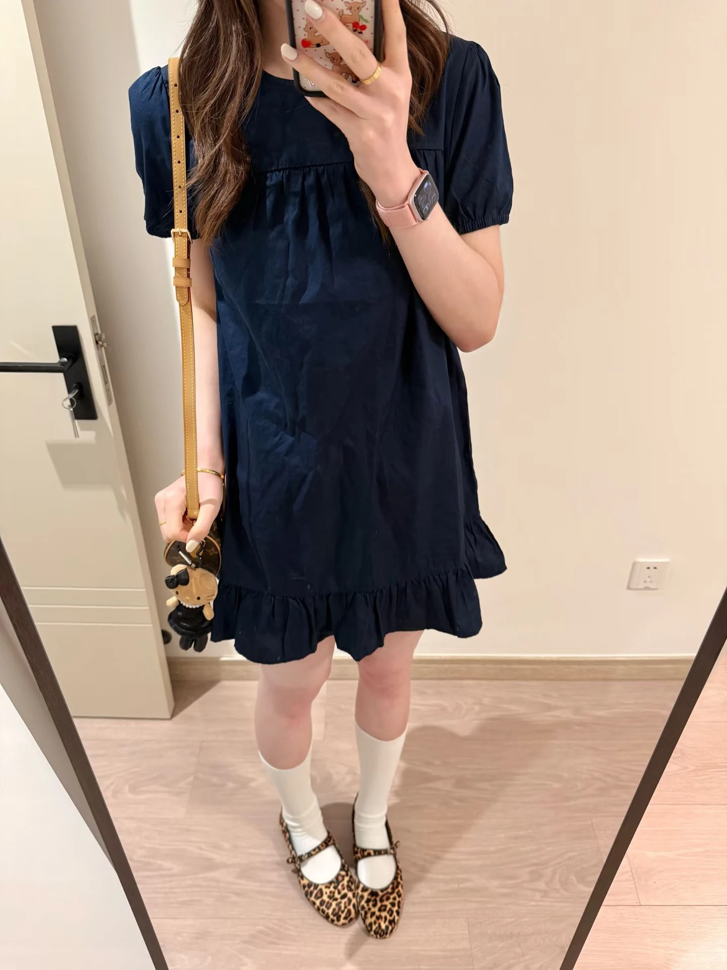 Rüschen-Marineblau-Minikleid für Damen, Sommer, O-Ausschnitt, kurze Ärmel, lockeres, kurzes Kleid, amerikanischer Vintage-Preppy-Stil, Baumwollkleider, neu