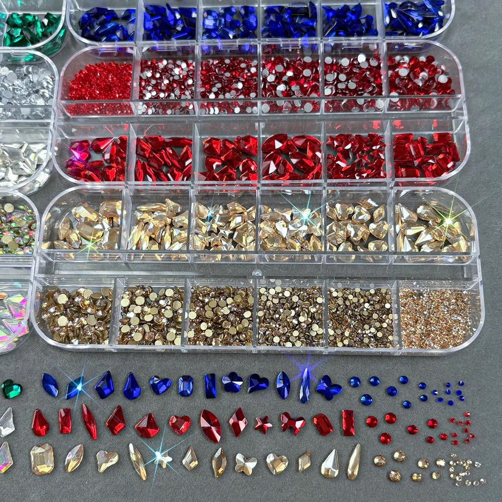 12グリッドクリアミックスサイズクリスタルラインストーンレッド/ブルー/シャンパンフラットバックガラスノンホットフィックスダイヤモンドネイルチャームマニキュアデコレーション