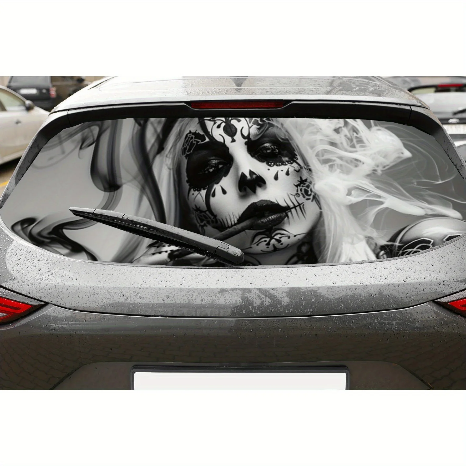 Mysterious Smoke Woman PVC Perforated Car Vinyl Wraps, Privacy Enhancing Design for Rear Window, Car Rear Windshield Sticker for