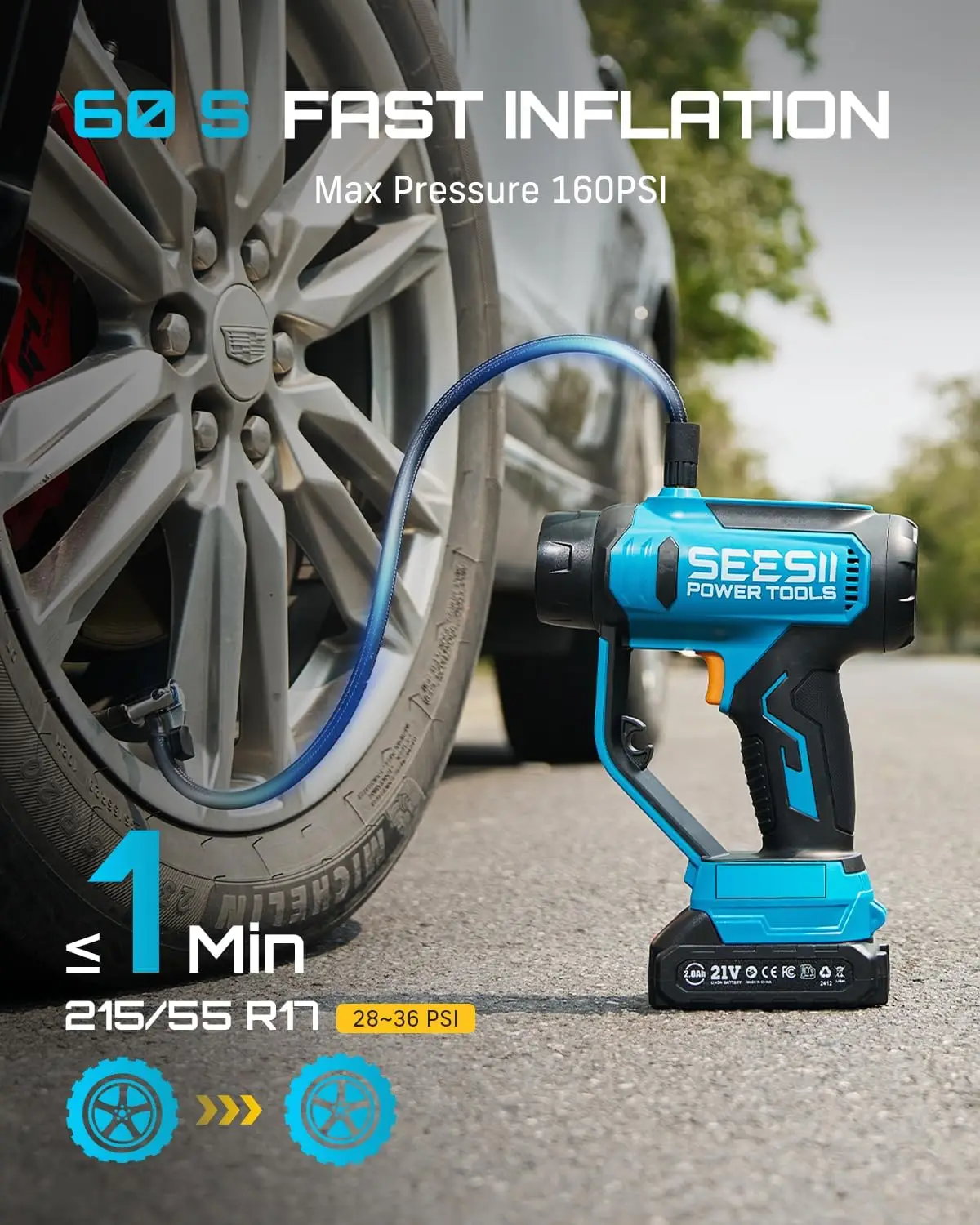 SEESII 3-in-1 Tire Inflator Car Vacuum Cleaner LED Light Portable Air Compressor 150PSI Digital Gauge Inflatable Pump for Car