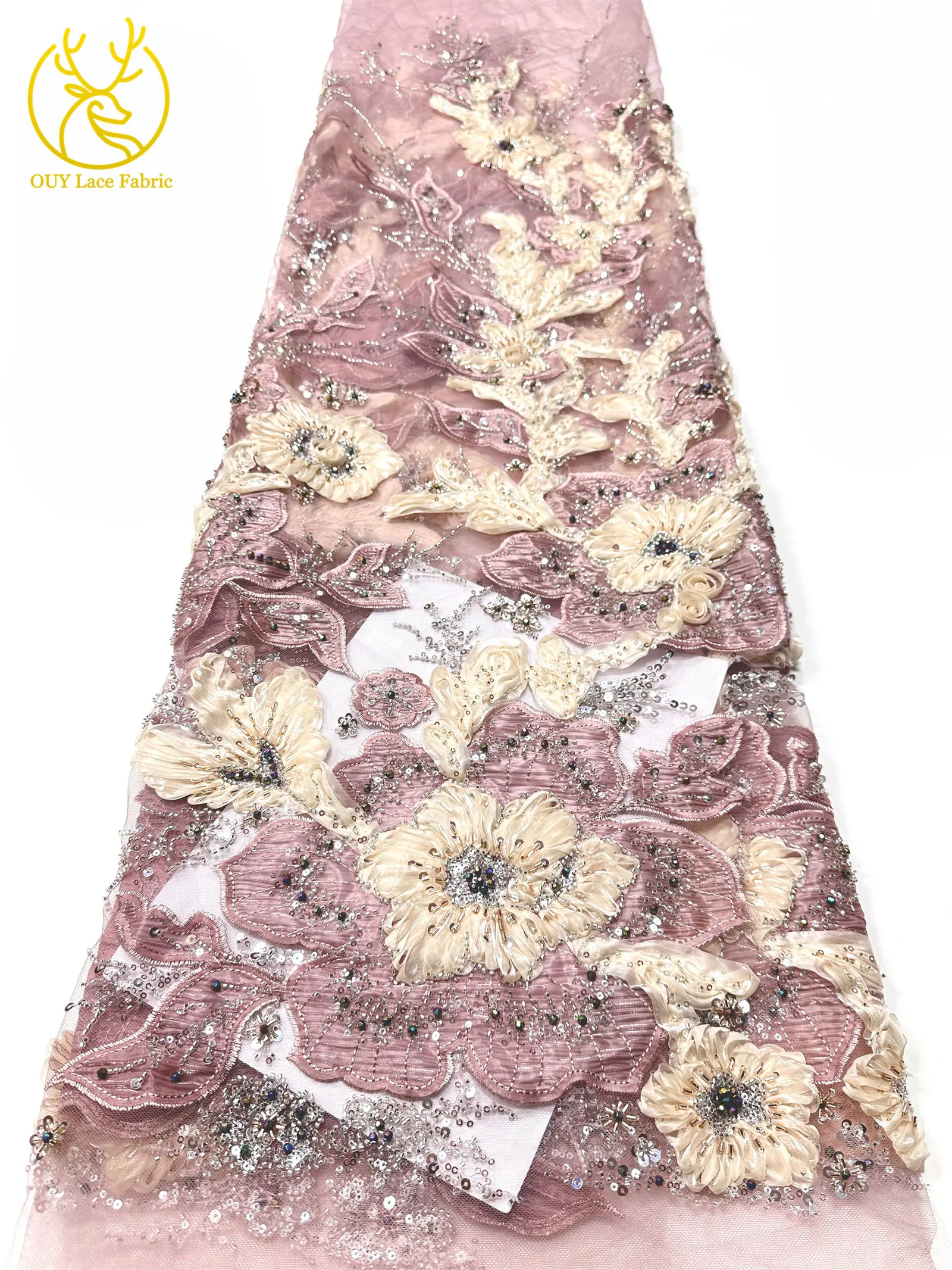 Marineblauer, wunderschöner afrikanischer Spitzenstoff mit Perlen und Pailletten, 3D-Blume, nigerianischer hochwertiger Tüll-Mesh-Spitzenstoff für Ballkleider, 5Y – Detail 7