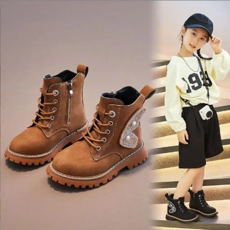 Girls' British short boots internet famous children's boots Autumn Winter princess fashion butterfly wings stylish single boots