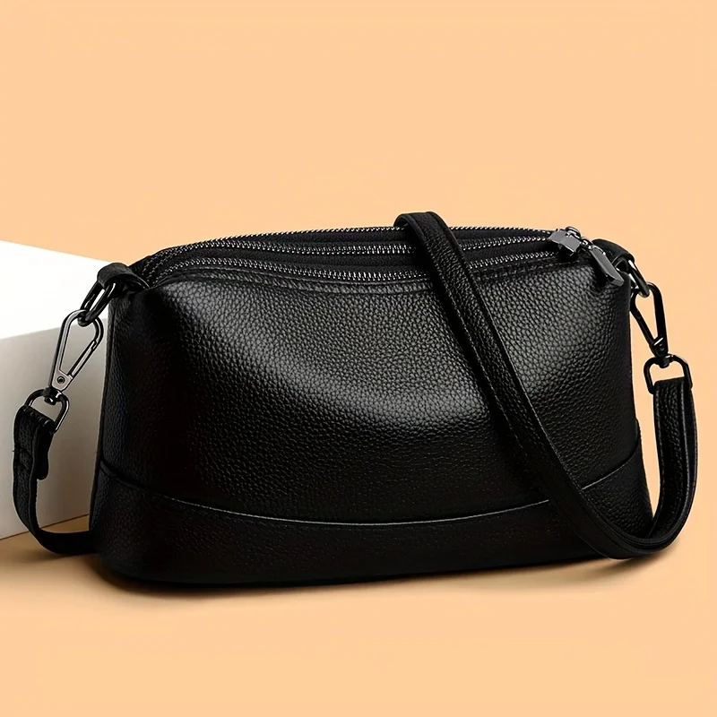 Tas Bahu Kulit Asli untuk Wanita, Dompet Selempang Kapasitas Besar dengan Tas Messenger Warna Solid Ritsleting Multi-Lapisan