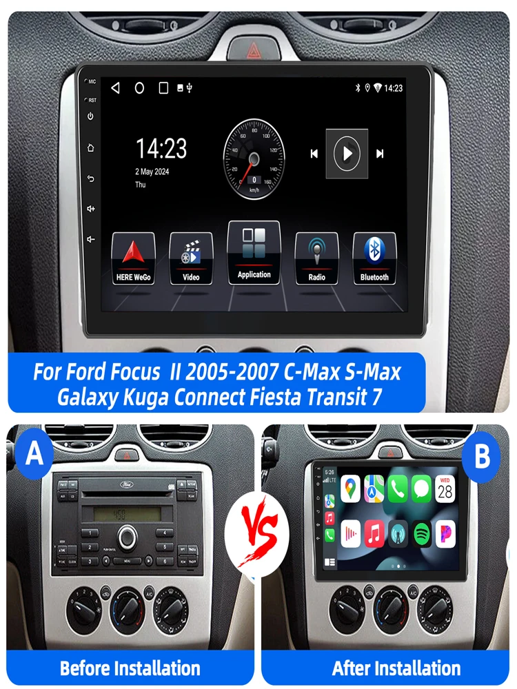 ESSGOO 9 inch autoradio voor Ford Focus MK2 Transit MK7 C-Max S-Max Kuga Galaxy Connect met Carplay, Android Auto, GPS, BT, FM, RDS en SWC - afbeelding 2