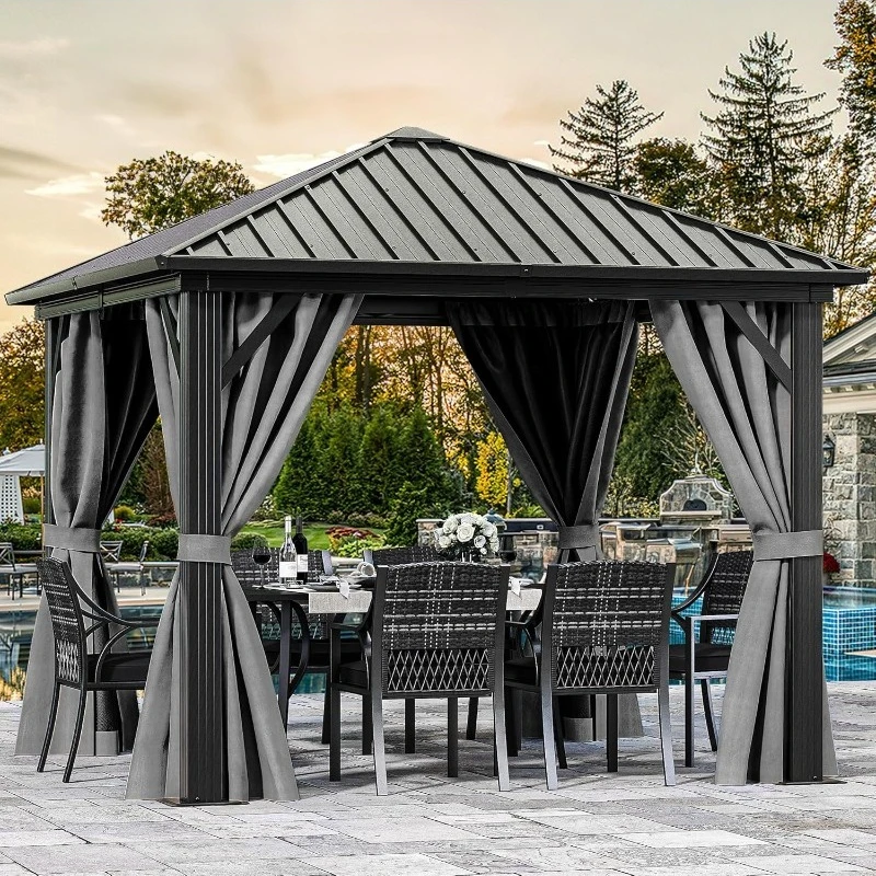 

10x10ft Hardtop Gazebo with Nettings and Curtains, Heavy Duty Galvanized Steel Outdoor Vertical Stripes Roof