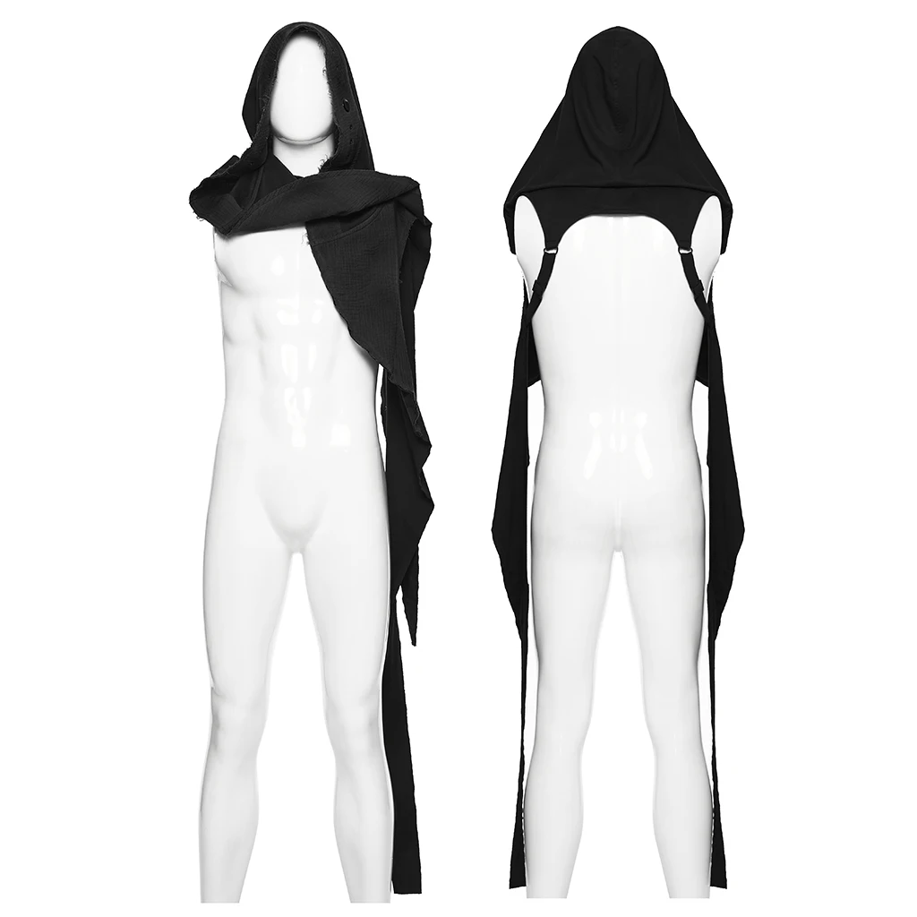 PUNK RAVE Women Wasteland Black Hooded Harness Vest Sleeveless Asymmetric Drape Cotton Poly Post Apocalyptic Layer Top WY1991