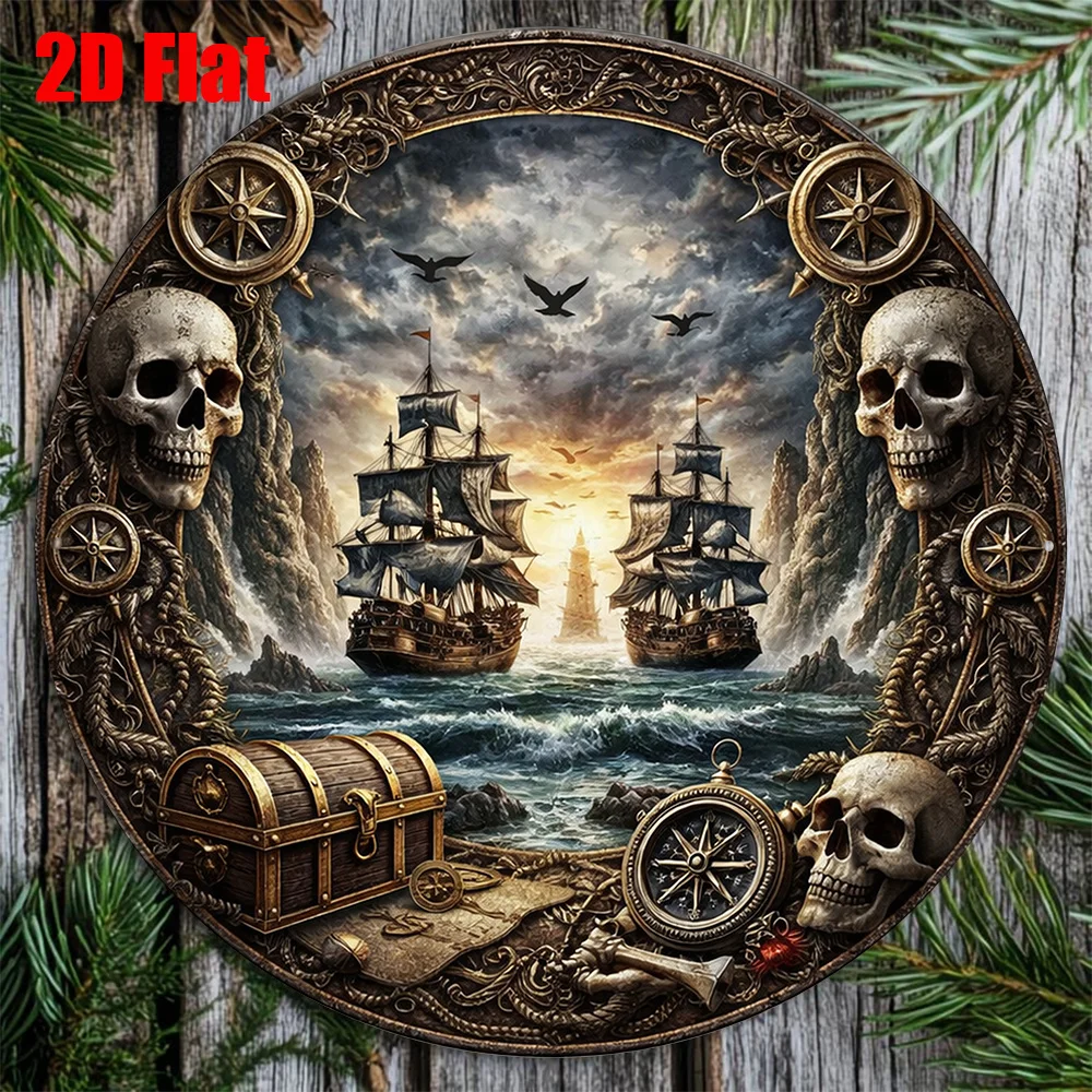 2D Flat Round Aluminum Sign, Vintage Plaque Featuring a Pirate Ship, Nautical Adventure Decorative Sign, Wall Art Home Decor