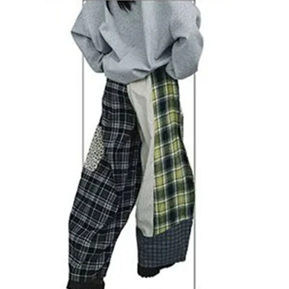 Plaid Patchwork High Street Gothic Pants Women American Style Elastic Waist Baggy Wide Leg Y2k Harajuku Trousers Stright Casual