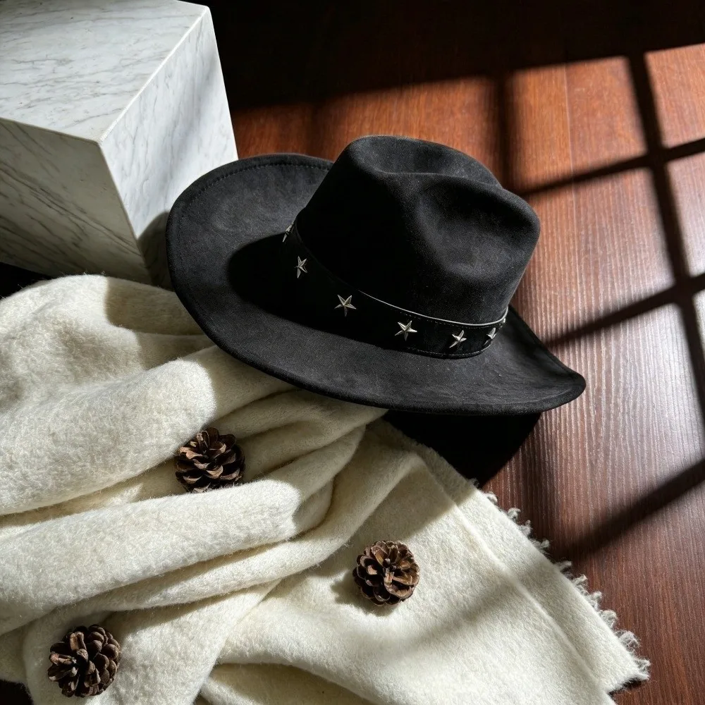 Gift Big Brim Fedora Hat Five-pointed Star Belt Breathable Western Top Hat Curved Brim Vintage Cowboy Cap Outdoor