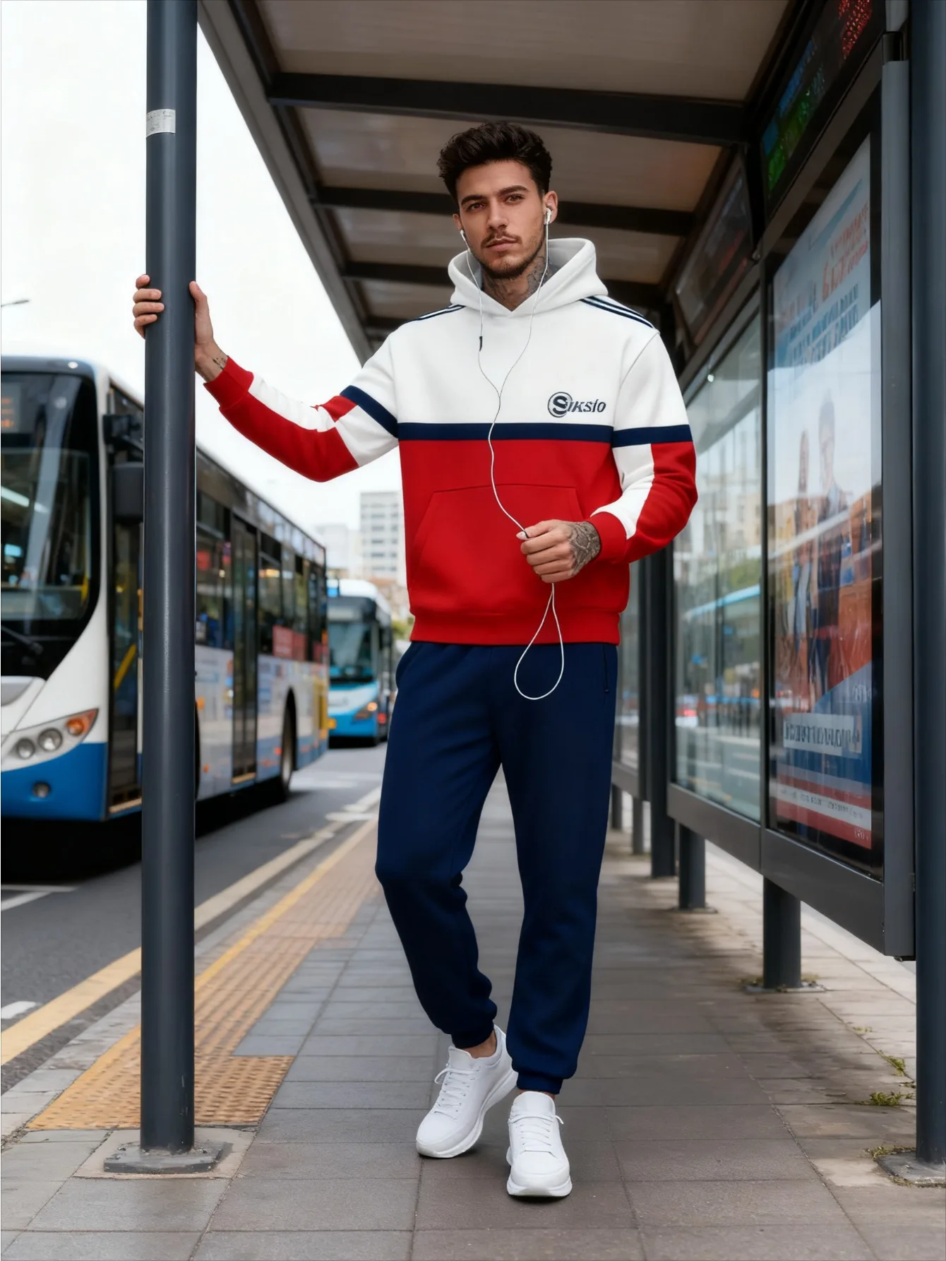 طقم بغطاء للرأس عصري مطبوع رقميًا للرجال مكون من قطعتين #3