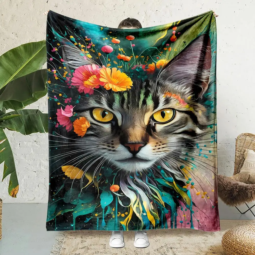 Cat Floral Splash Art Dreamy Color Burst Soft Cozy Throw Blanket for Sofa Bed Fantasy Home Decor
