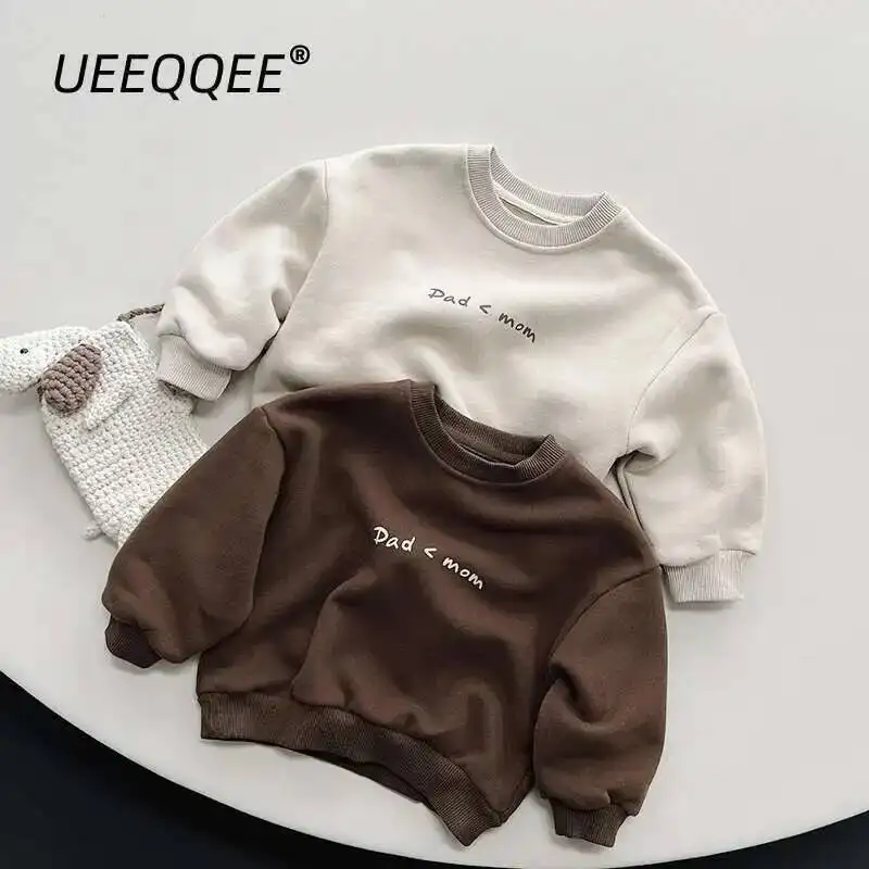 

Осенне-зимние детские толстовки для мальчиков от 1 до 8 лет, теплый флисовый пуловер с буквенным принтом, топы, корейская одежда для малышей, детская одежда, новинка