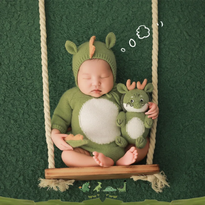 Adorable Newborn Photography Knitted Green Chinese Dragon Costume With Tail+Hat Set Dragon Doll Studio Photo Shoot Accessories