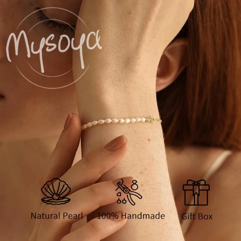

Mysoya White Rice-shaped Freshwater Pearl Bracelet, 3-4mm with Gift Box Gift for Him Her for Weddings Mother's Day Father's Day