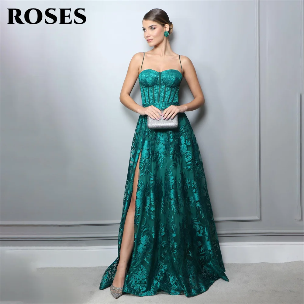 ROSES Spaghetti Strap Evening Gown Elegant Green A Line Prom Dress Appliques Lace Sweetheart Neck Evening Dress robes de soirée