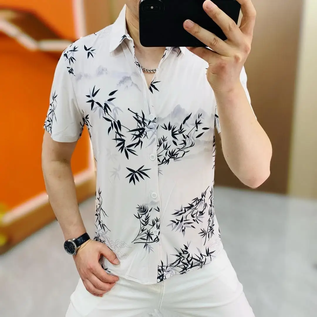 

Высококачественная модная приталенная рубашка с коротким рукавом для мужчин, с узором из бамбука, из дышащего полиэфирного волокна AY Select.