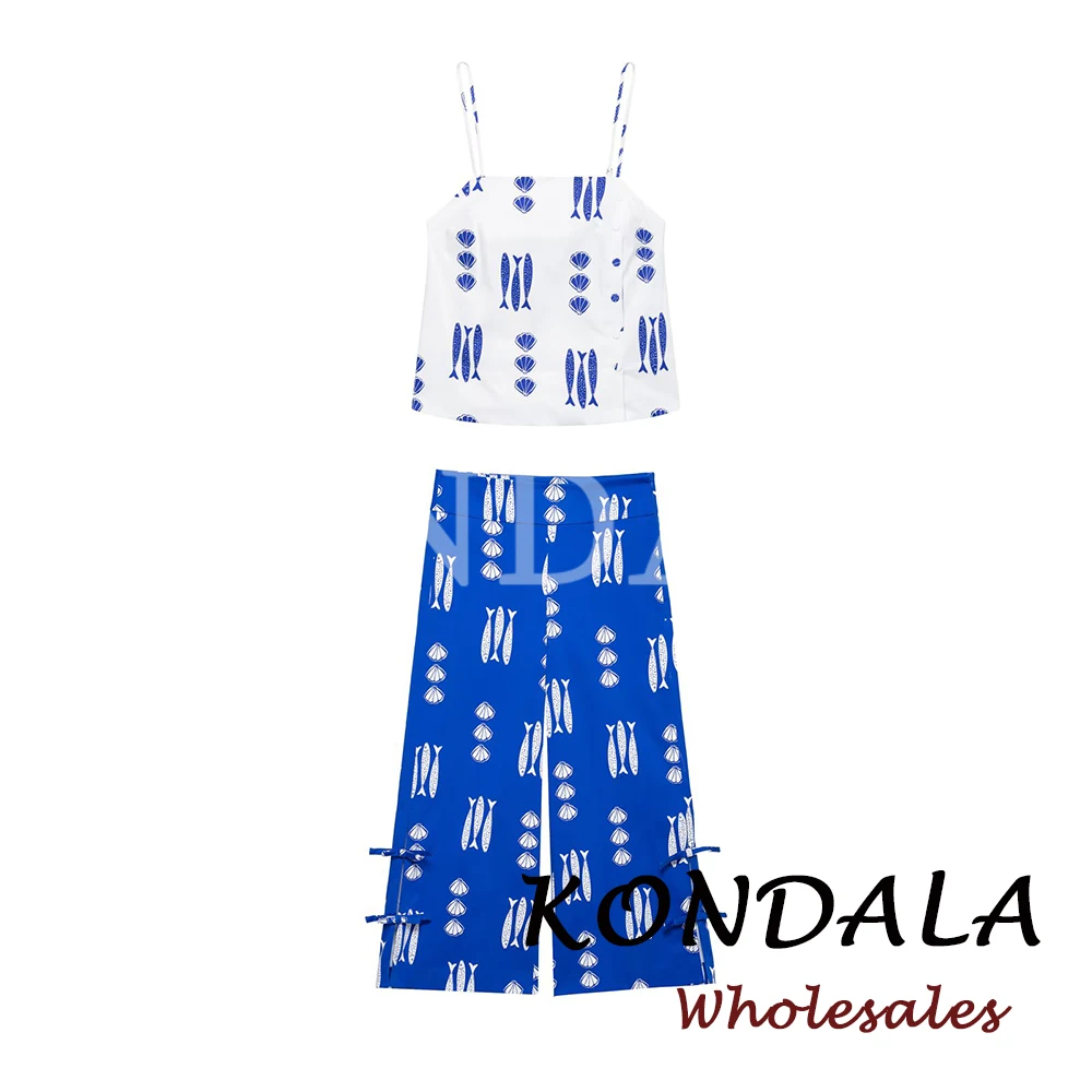 KONDALA Chic Casual Print Fish Fashion 2026 Woman Suit Buttons Sexy Slim Vest+Wide Leg Bow Zipper Long Pants Bohemian Female Set
