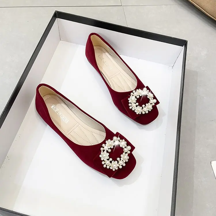 

Autumn Chinese Style Red Wedding Shoes for Women Elegant Bow-knot Square Toe Shallow-mouth Dress Flats Shoes Zapatos De Mujer