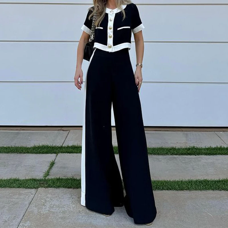 Fashion Contrasting Color Slim Party Suit Elegant Women's Short Sleeved Outfits Casual O Neck Button Top and Long Pants 2pc Set