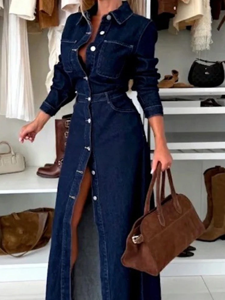 Herbst Neue Tasche frauen Kleid Mode Revers Langarm Einreiher Kleid Temperament Einfarbig Dünne Denim Shirts Kleid