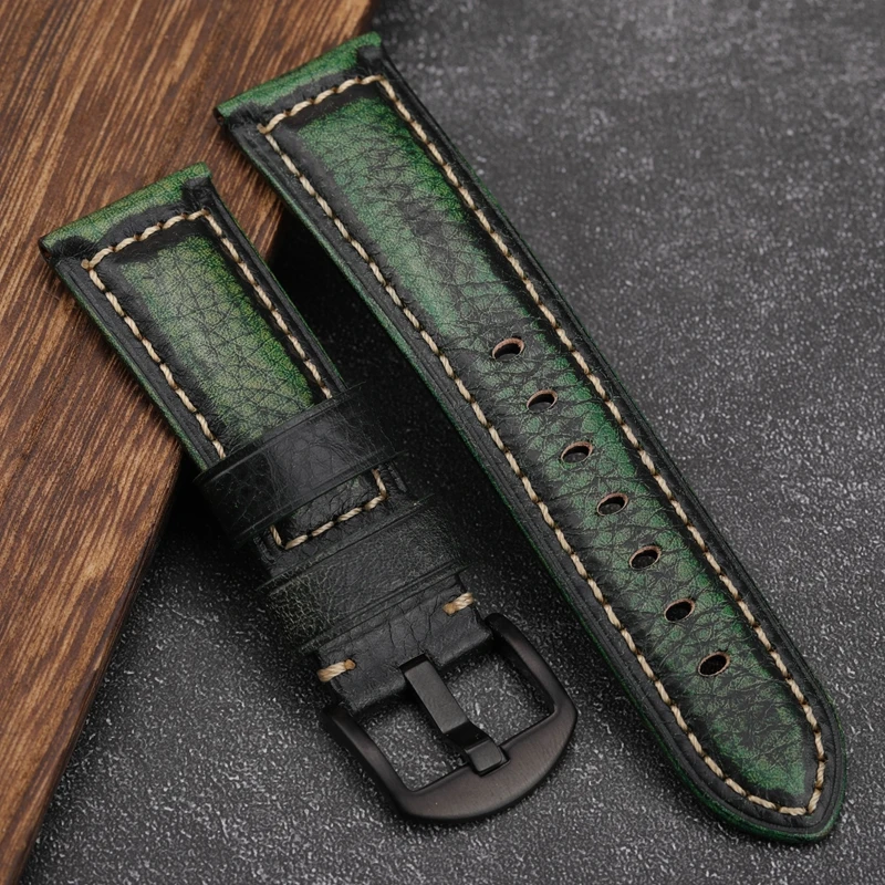 Handmade First Layer Cowhide Leather Strap Vintage Rubbed Color Leather Watchband 22  24MM Vintage Style Men Bracelet For PAM111