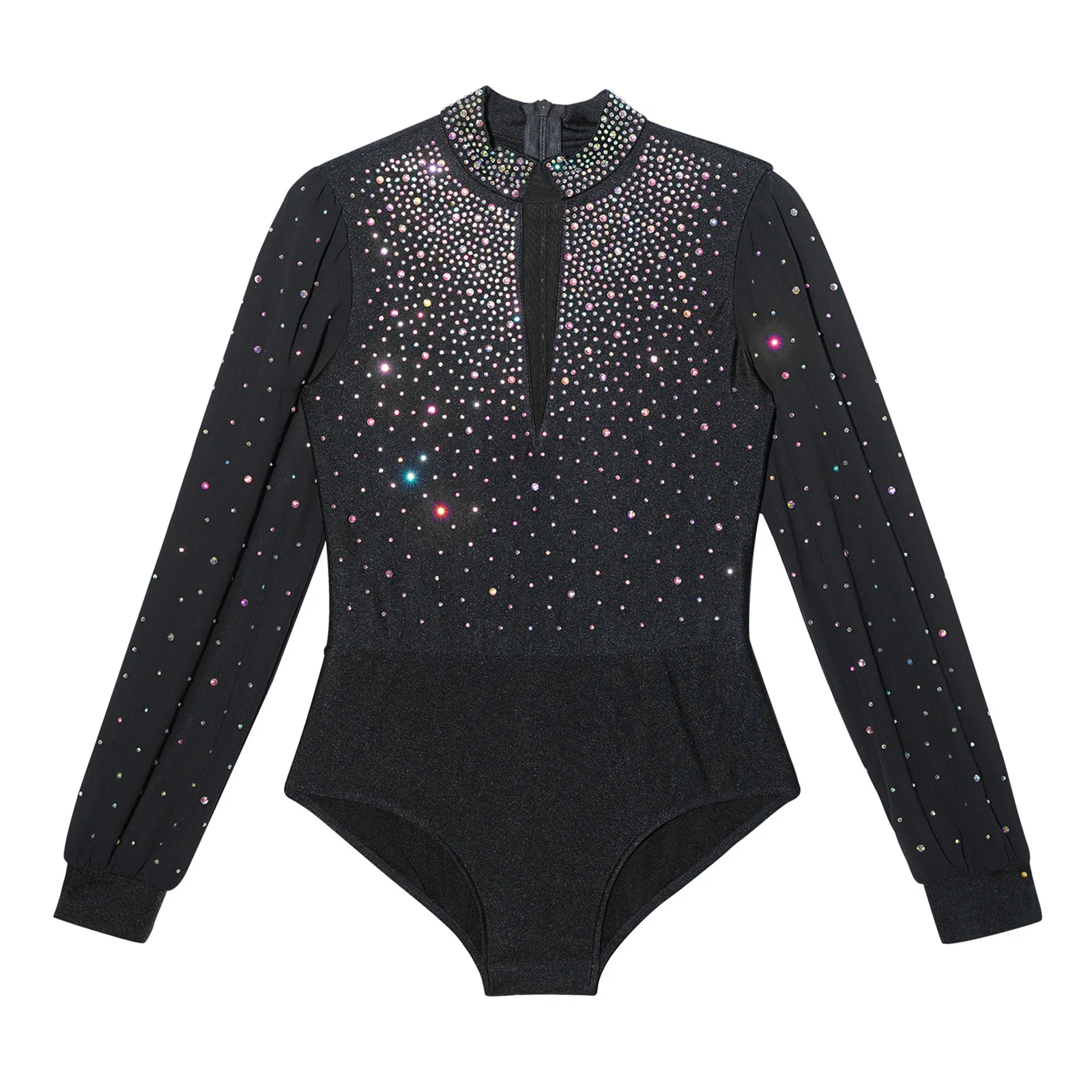 Kids Boys Figure Skating Bodysuit Latin Dance Ballroom Rumba Jumpsuit Long Sleeve Sheer Mesh Shiny Rhinestone Gymnastics Leotard