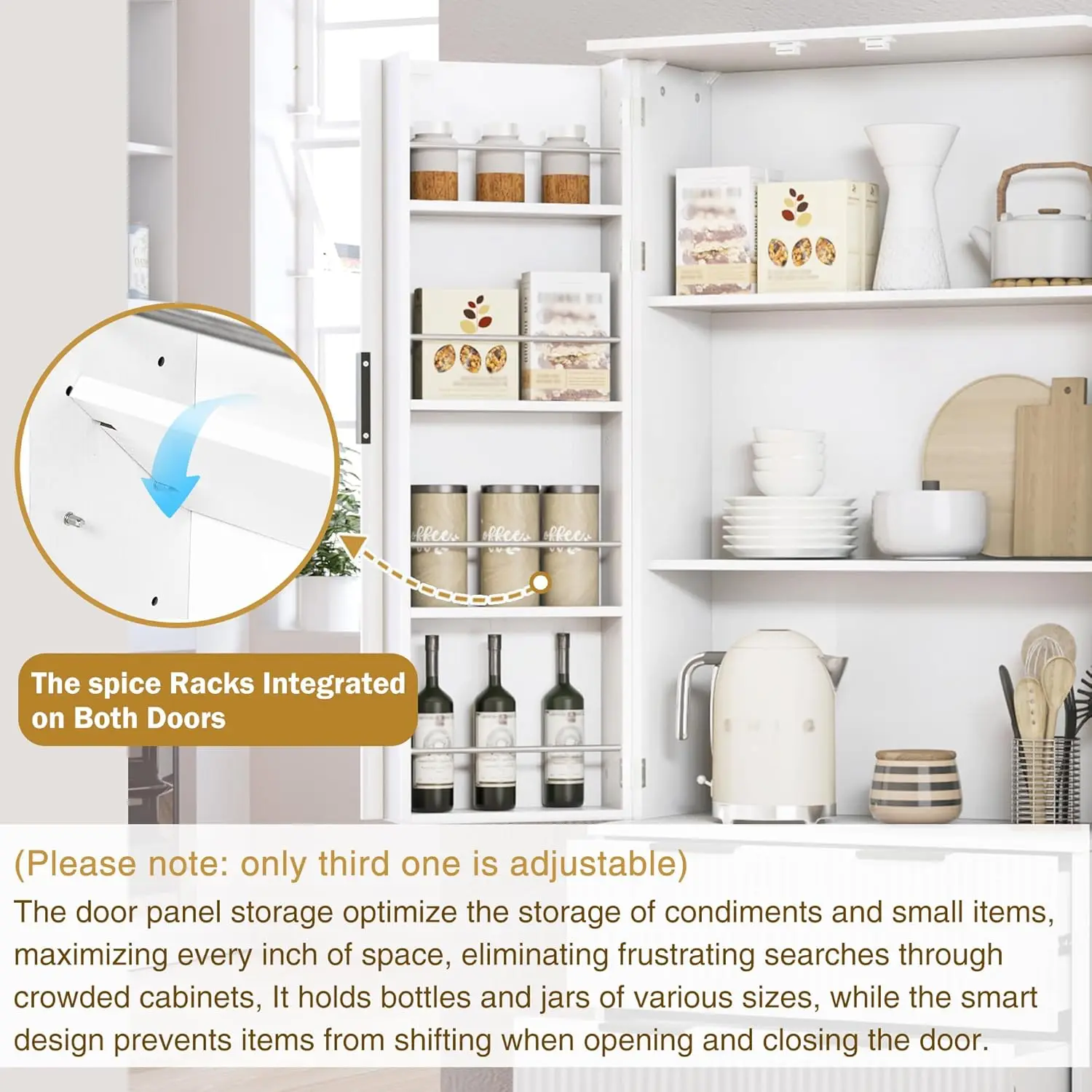 高さ72インチのキッチンパントリーキャビネット、納屋ドア2枚と引き出し2個、調節可能な棚付きの溝付きバスルーム収納キャビネット、