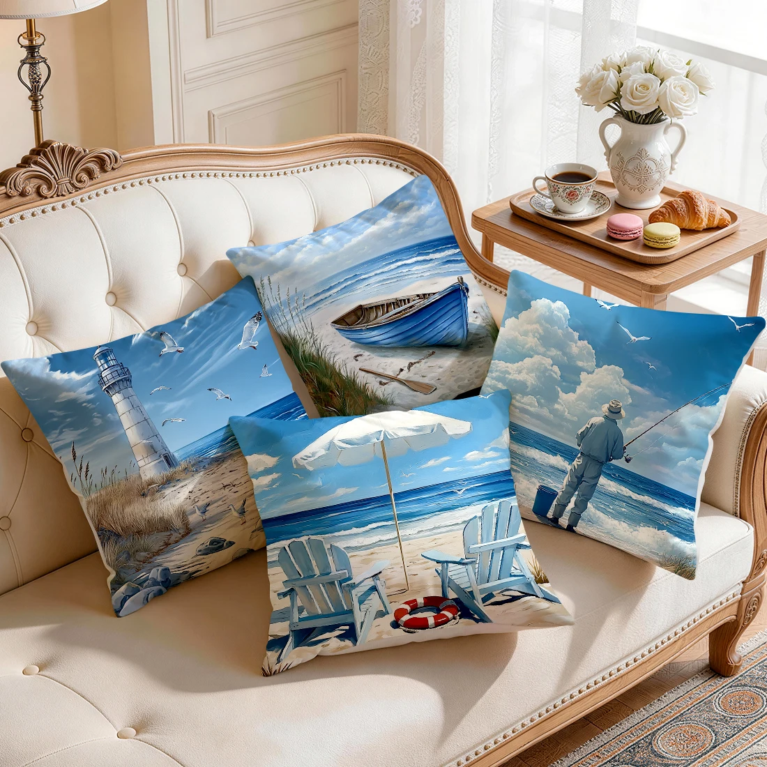 1pcs/4pcs Peaceful Beach Scene Cushions Pillowcase Polyester Cushion Cover Throw Pillow Pillowcover Home Car Sofa Decor