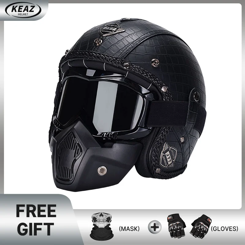 KEAZ Classic Open Face Retro Leather Helmet Genuine Cowhide Motorcycle Cap with Goggles Dust Mask Commuting and Touring