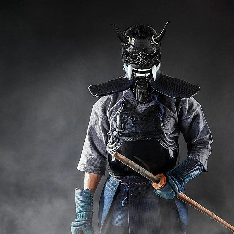 Prajna masker halloween aankleden mannelijke demon spook samurai shura volledig gezicht hoektanden Japanse hars rollenspel tafelblad spel