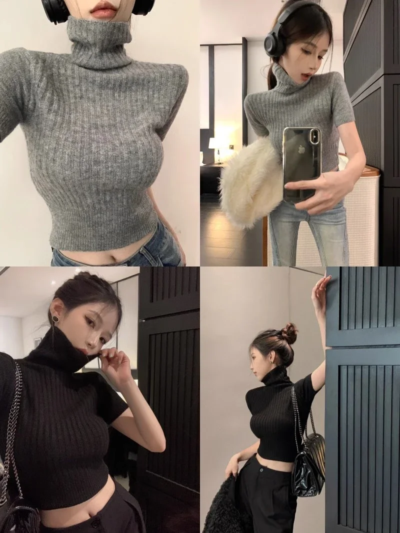 Design Niche Retro Gebreide Dames Nieuwe Zomer Halfhoge Kraag Korte Mouw Dieptepunt Herfst Slim Fit Korte Top Mode Trui