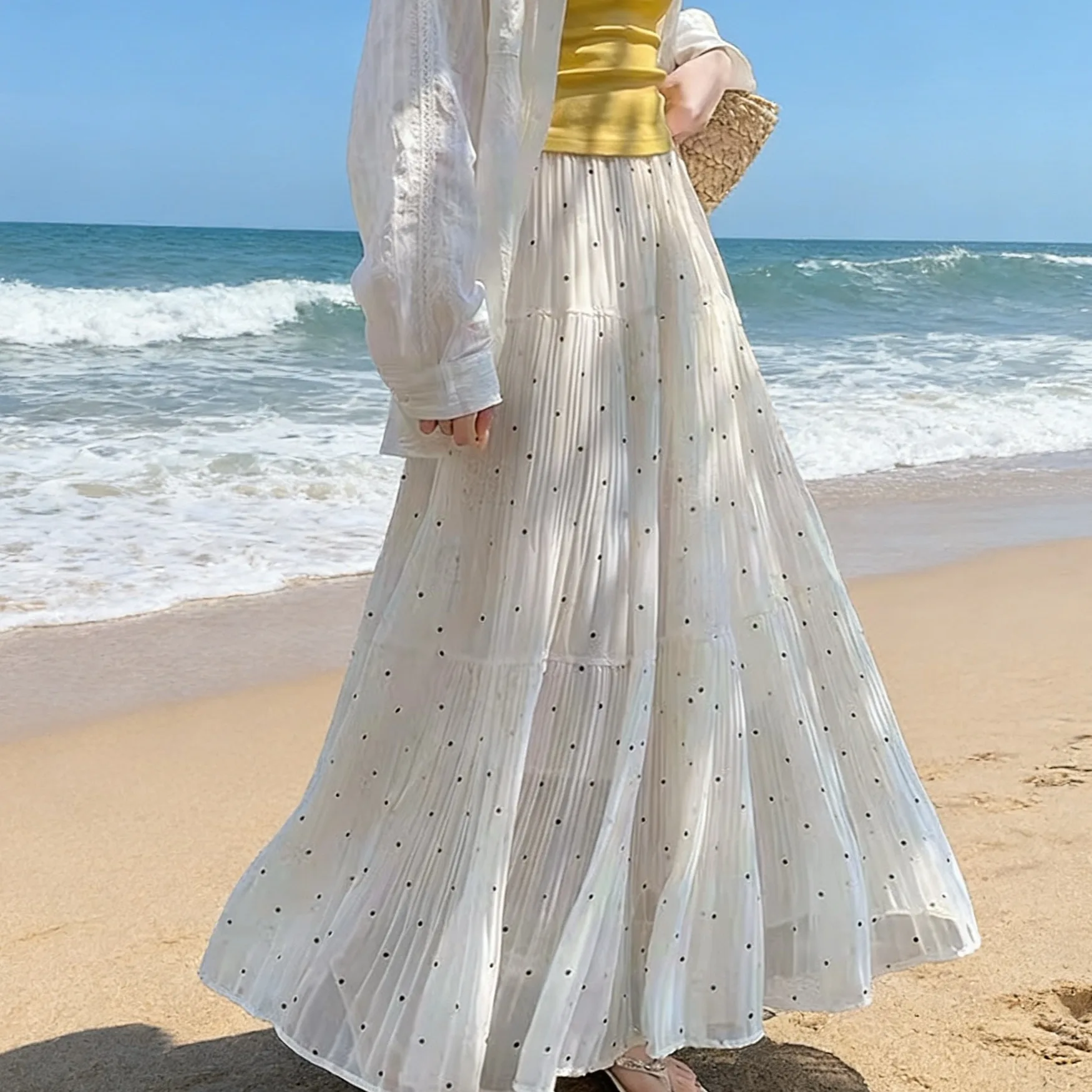 Spring 2026 Fashion Polka Dot Drapey Long Half Skirt High Waist A-Line Gored Skirt Elegant Ladylike Style Standard Fit Chines...