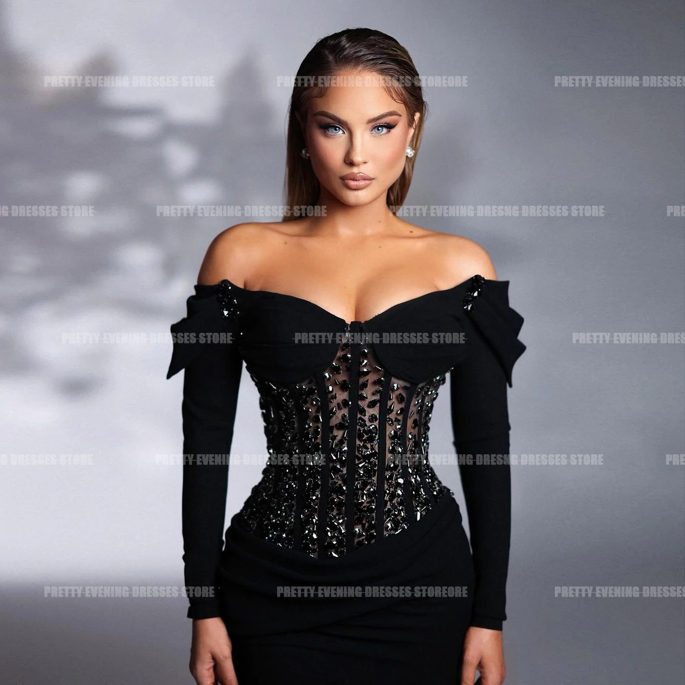 Morden Fashion Off Shoulder Evening Dresses For Woman Mermaid Sexy Hollow Crystal Long Sleeve Formal Lace Satin Party Prom Gowns