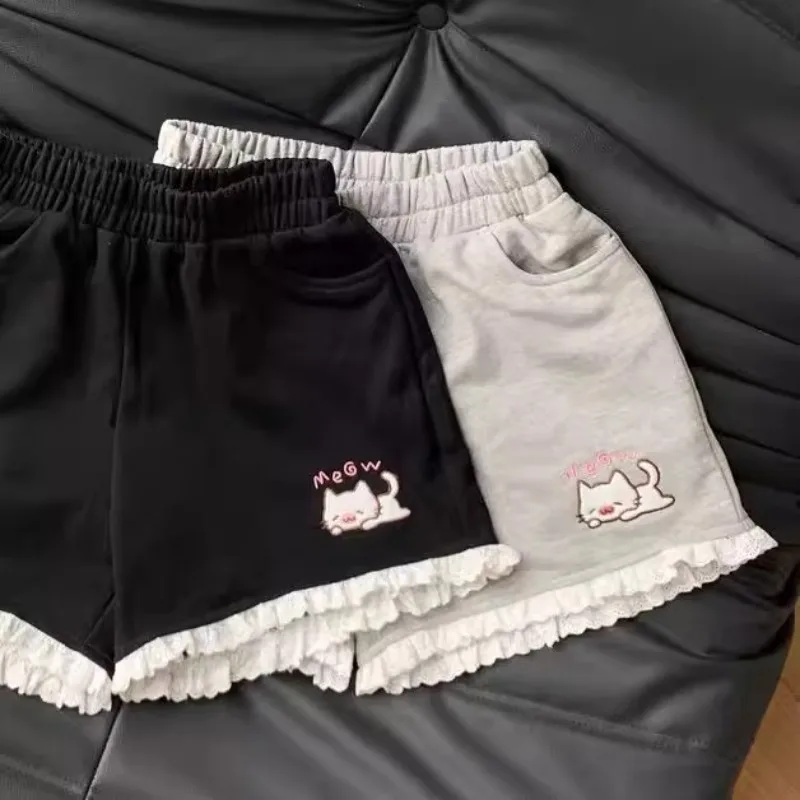 Summer 2025 New Japanese Sweet Cute Cartoon Embroidered Lace Versatile Shorts Student Loose Casual Wide Leg Short Pants Women