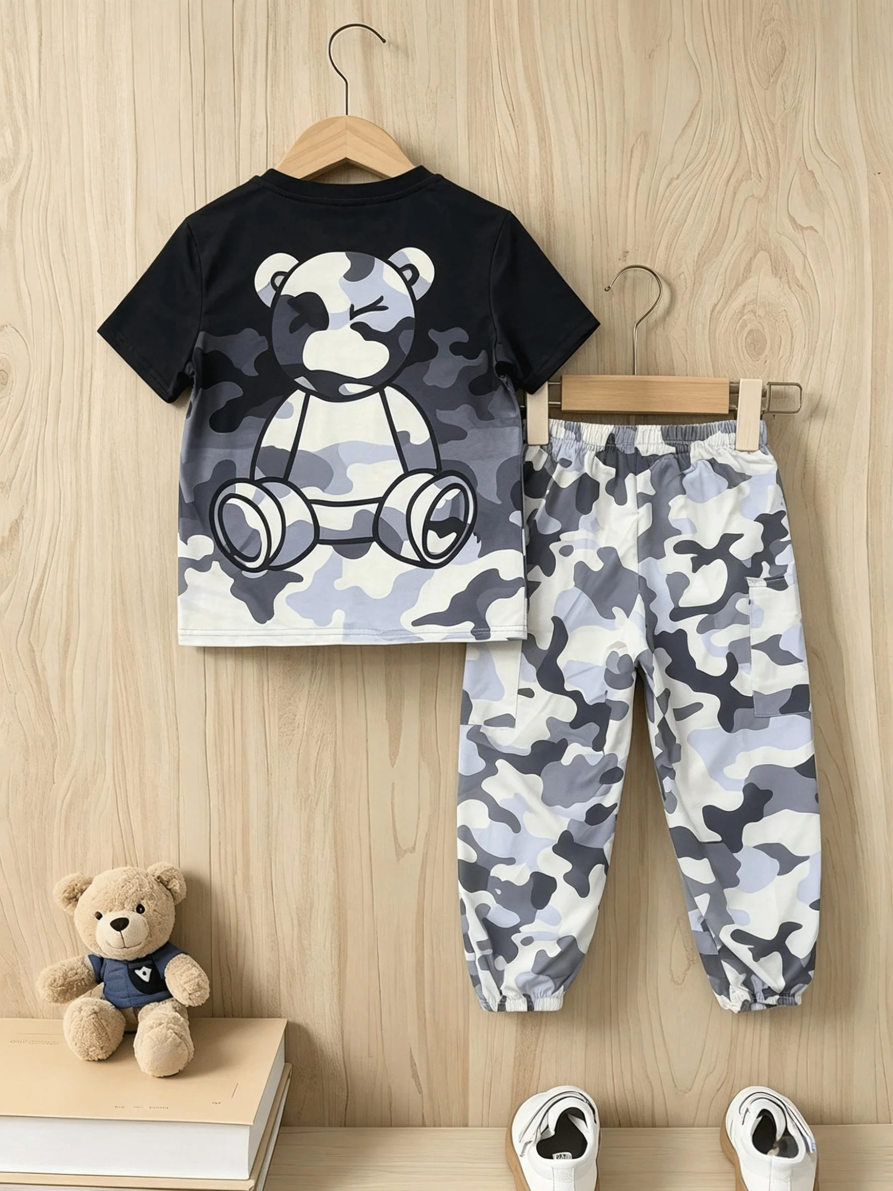 Boys Summer Clothing Set Bear Graphic T-Shirt + Camouflage Cargo Pants 2Pcs Kids Streetwear Casual Outfits Children Tracksuit