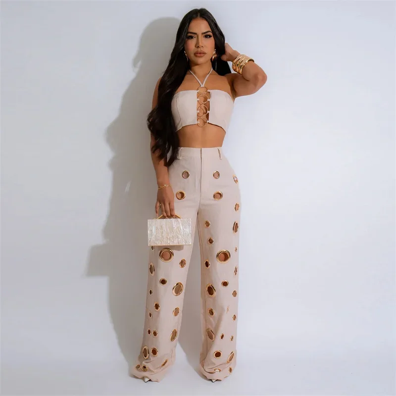 Sexy Night Party 2 Piece Sets Women Outfit Clubwear Festival Clothing Halter Crop Top and Pants Conjuntos Femininos Elegantes