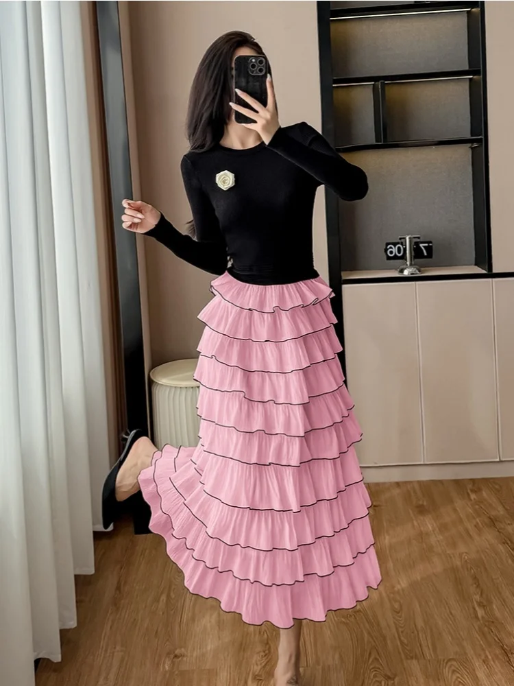 Smthma francês pequeno estilo fragrância vestido de malha preta feminino outono inverno chique dupla camada elegante plissado festa vestidos longos