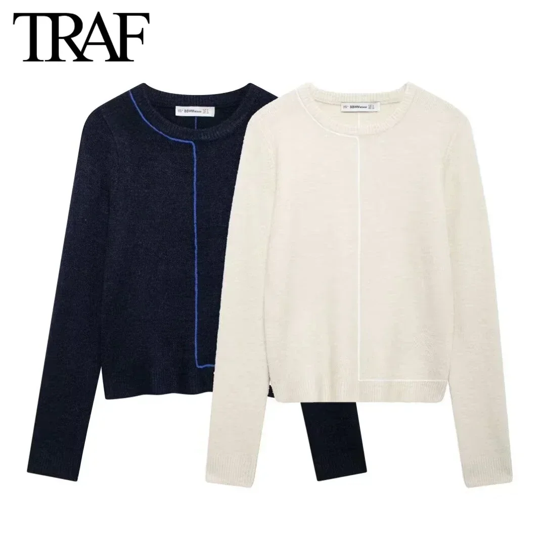 TRAF Women Fashion Autumn Winter Contrasting Color Trimmed Sweater Long Sleeves Round Neck Tops Chic Female Knit Sweaters Mujer