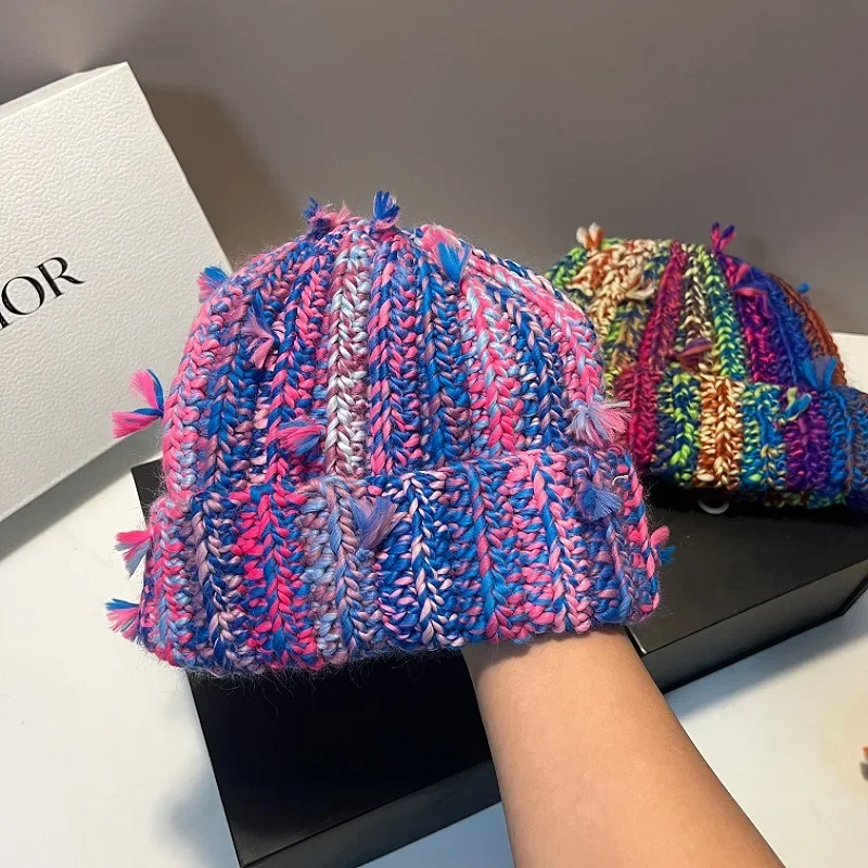2027 Niche Colored Fringed Wool Beanie Hat Women's Autumn Winter Japanese Warm Ear Protection Contrasting Knitted Pacifier Hat