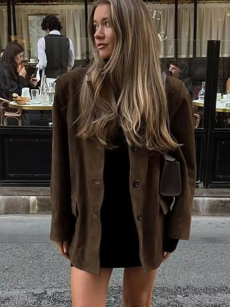 HH Trendy Suede Blazer For Women Autumn Causal Solid Color Single Breasted With Pockets Long Sleeves Lapel Retro Coats