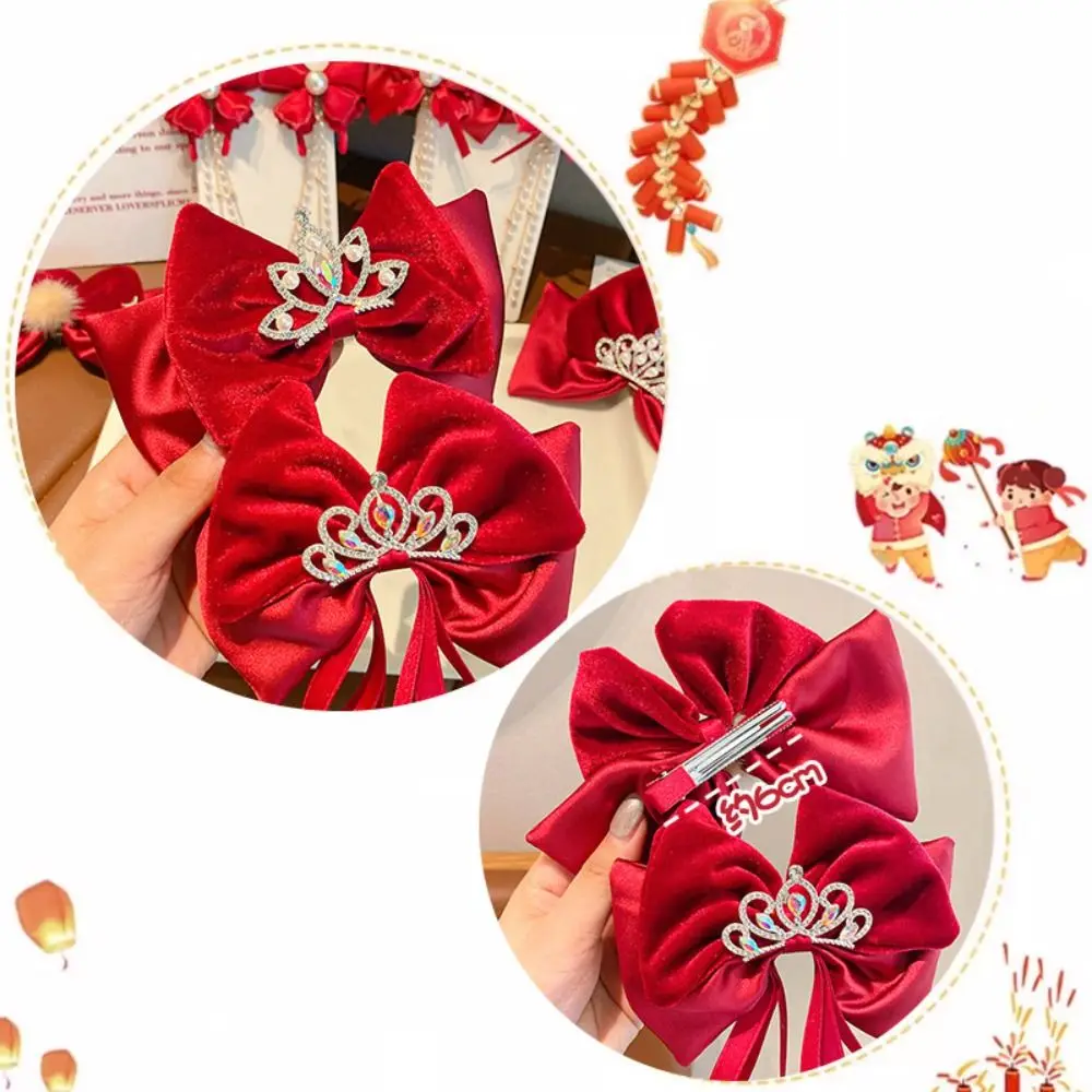 Plush Children Red Velvet Bow Hairpin Cloth Pearl Chinese New Year Headwear Tang Suit Hair Clip Crystal Crown