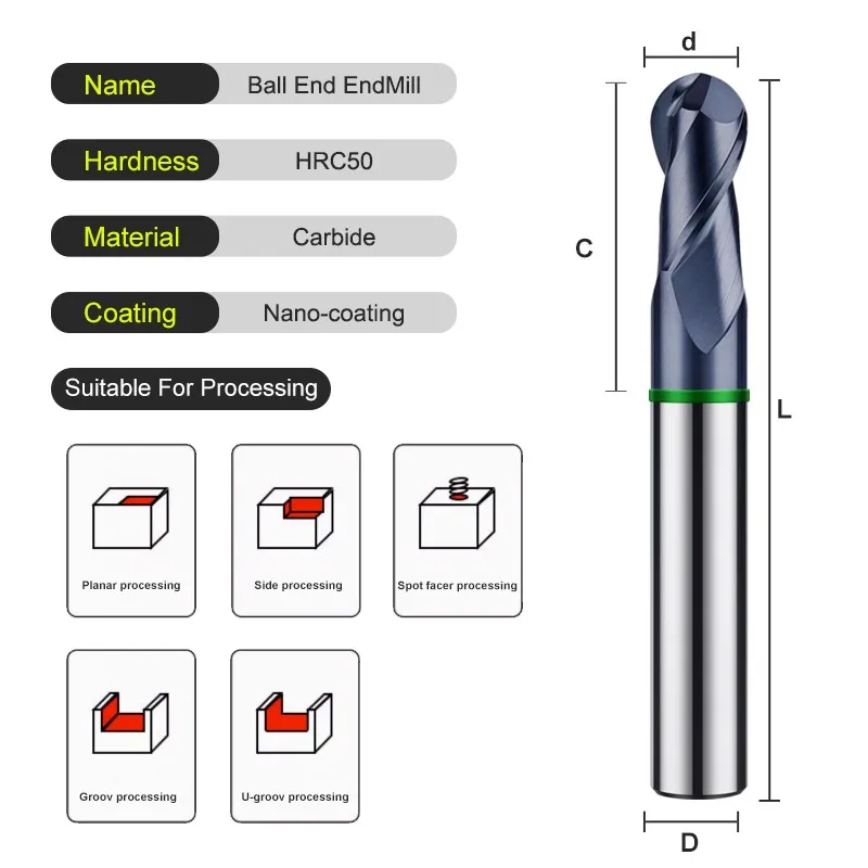 SHAZAM TGH-HRC50 2-Flute Tungsten Steel Carbide Color Circle Ball Nose End Mill For CNC Mechanical Machining Milling Cutter Tool