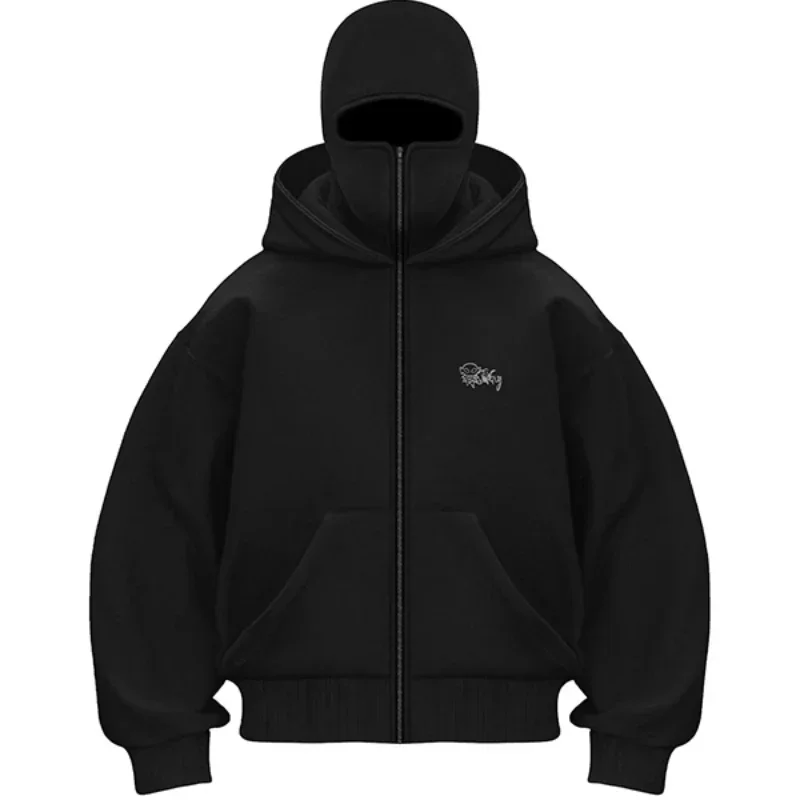 Balaclava Men Zip Hoodie Winter Warm Casual Sweatshirt Y2K with