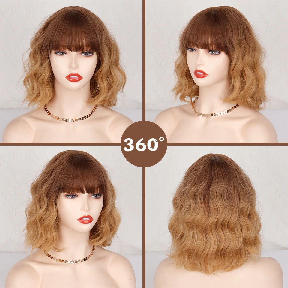 Perruque Bob Synthétique Courte et Bouclée avec Frange pour Femme, Cheveux Ondulés Blonds Ombré, Longueur Initiée, Marron à Blond, Cosplay pour Fille