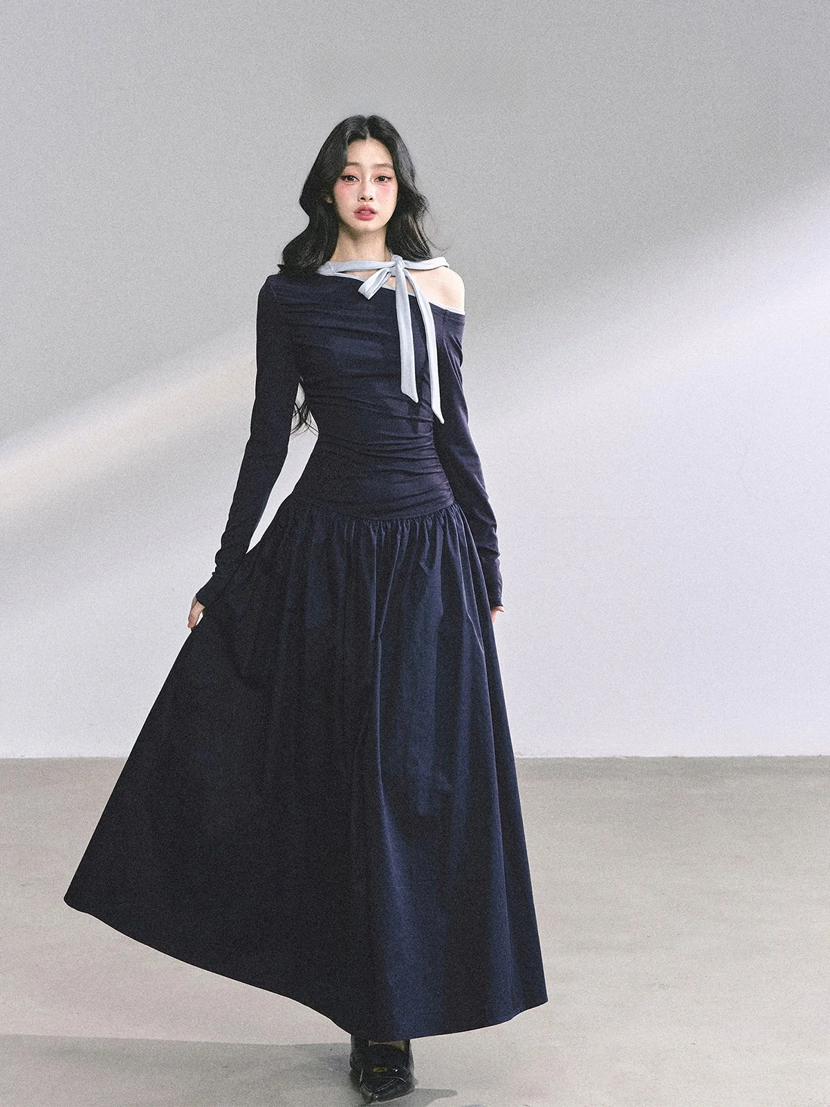 

Ele Long Sve Asymmetrical oulder Dr Women's Faion Autumn Skirt Sli Sister Polyester Busin Casual Daily