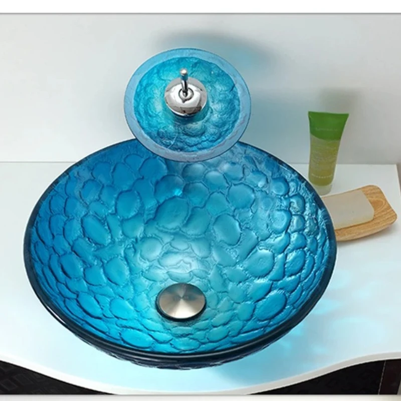 A Great discounts Bathroom Washbasin Countertop Tempered Glass Basin round wash basin Waterfall Faucet Washroom Washbasin Fau