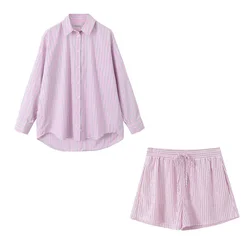 Zach Ailsa 2024 Summer New Product Women's Casual Single breasted Long sleeved Collar Shirt Striped High waisted Shorts Set